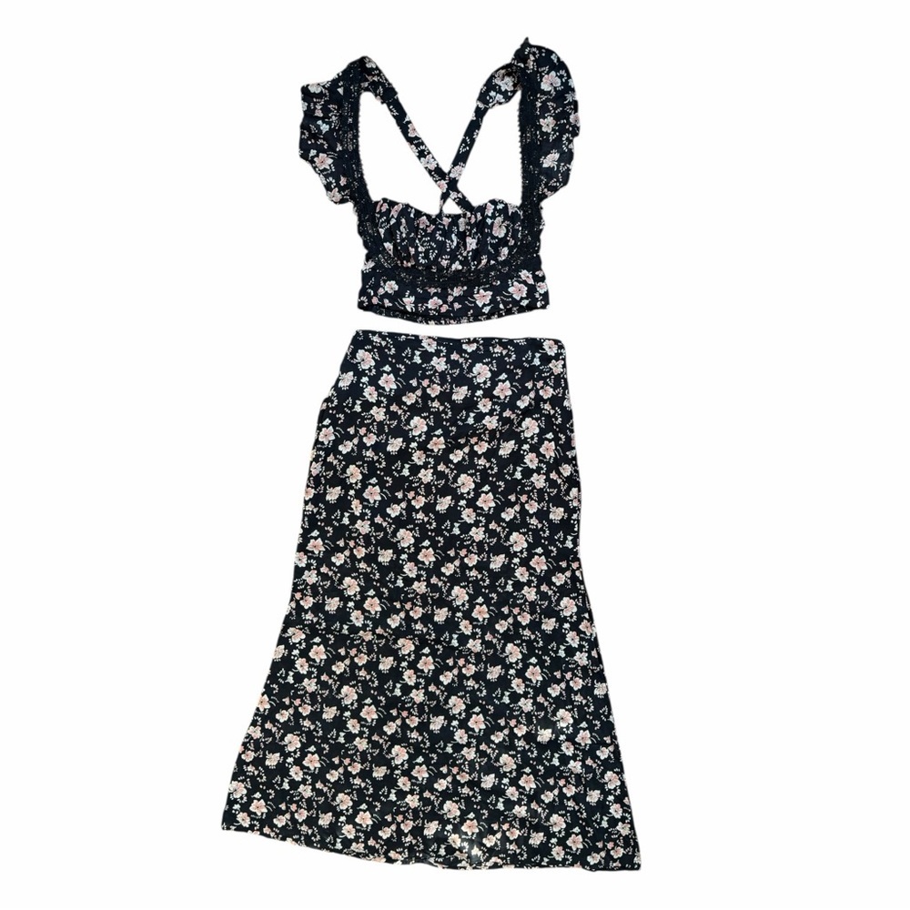 Free People Bijou 2 Pc Floral Set Sz 4 Black Cottagecore Open Back Maxi Skirt - Picture 2 of 14